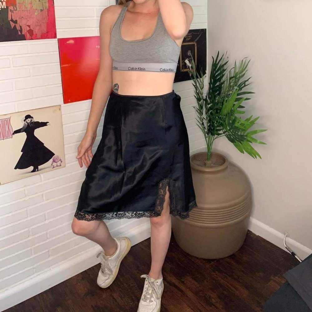 Size S, Victoria's Secret gold tagged Black Lace 100% Nylon silk Slip Skirt